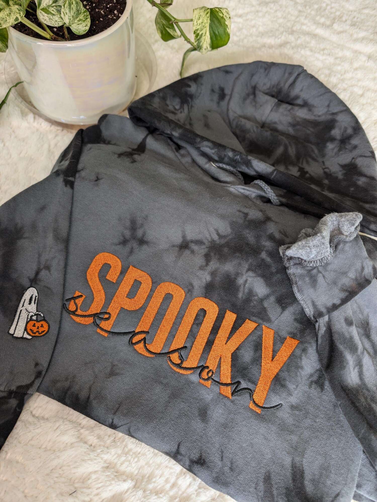 Spooky Season Tie-Dye Embroidered Hoodie w/ Embroidered Ghost Sleeve, Halloween Apparel image 2