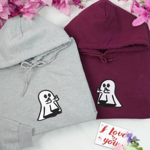 Ghost Middle Finger Embroidered Sweatshirt Matching Halloween Hoodies for Couples Gift image 0