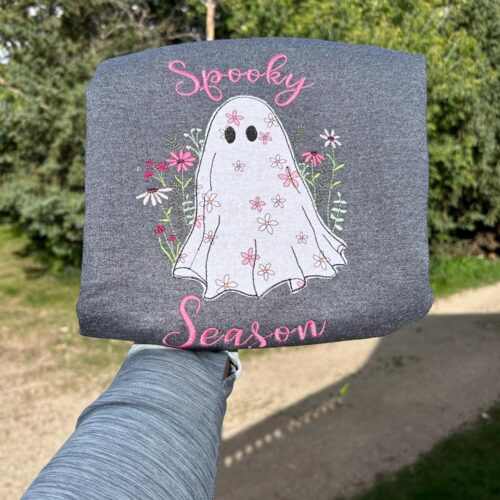 Spooky Season Embroidered Floral Crewneck Halloween Ghost Sweatshirt Fall Autumn Jumper image 0