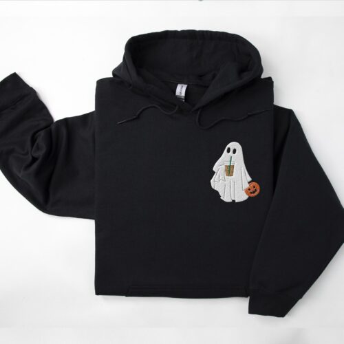 Embroidered Halloween Ghost Hoodie with Coffee Unisex Hooded Sweatshirt for Women and Men image 0