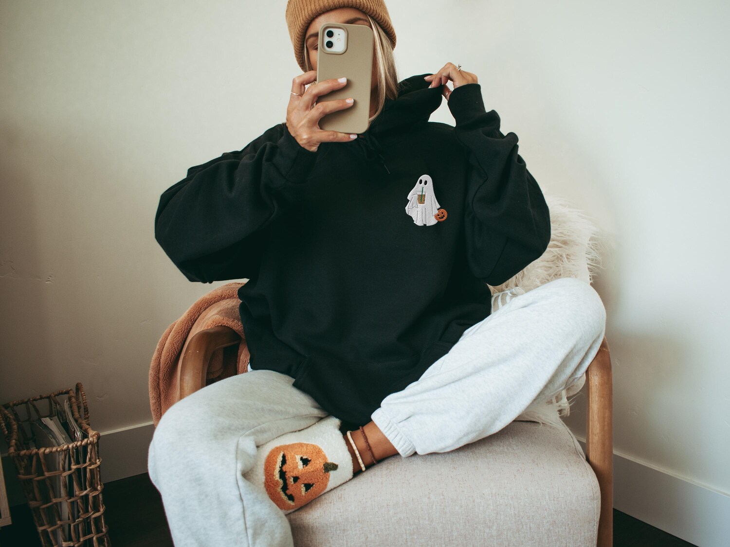 Embroidered Halloween Ghost Hoodie with Coffee Unisex Hooded Sweatshirt for Women and Men image 1