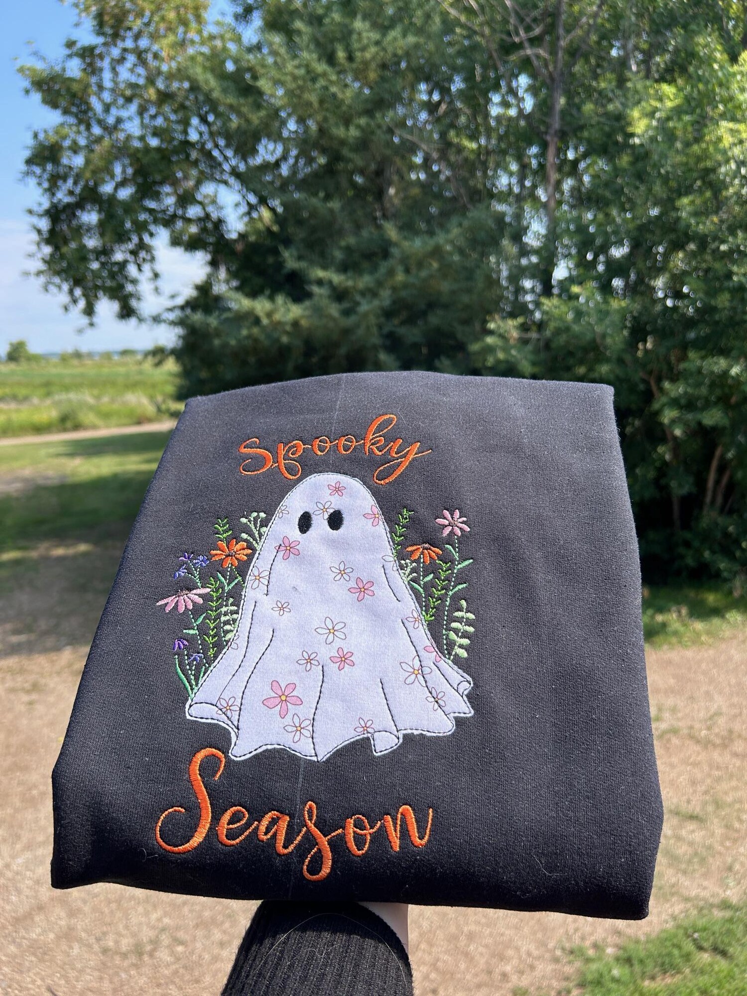 Spooky Season Embroidered Floral Crewneck Halloween Ghost Sweatshirt Fall Autumn Jumper image 1