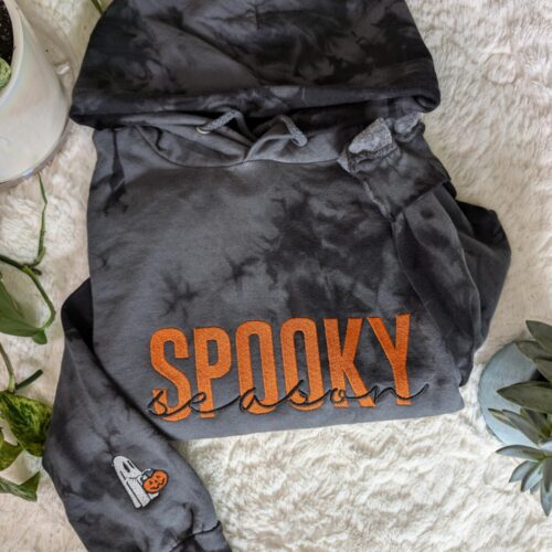 Spooky Season Tie-Dye Embroidered Hoodie w/ Embroidered Ghost Sleeve, Halloween Apparel image 0