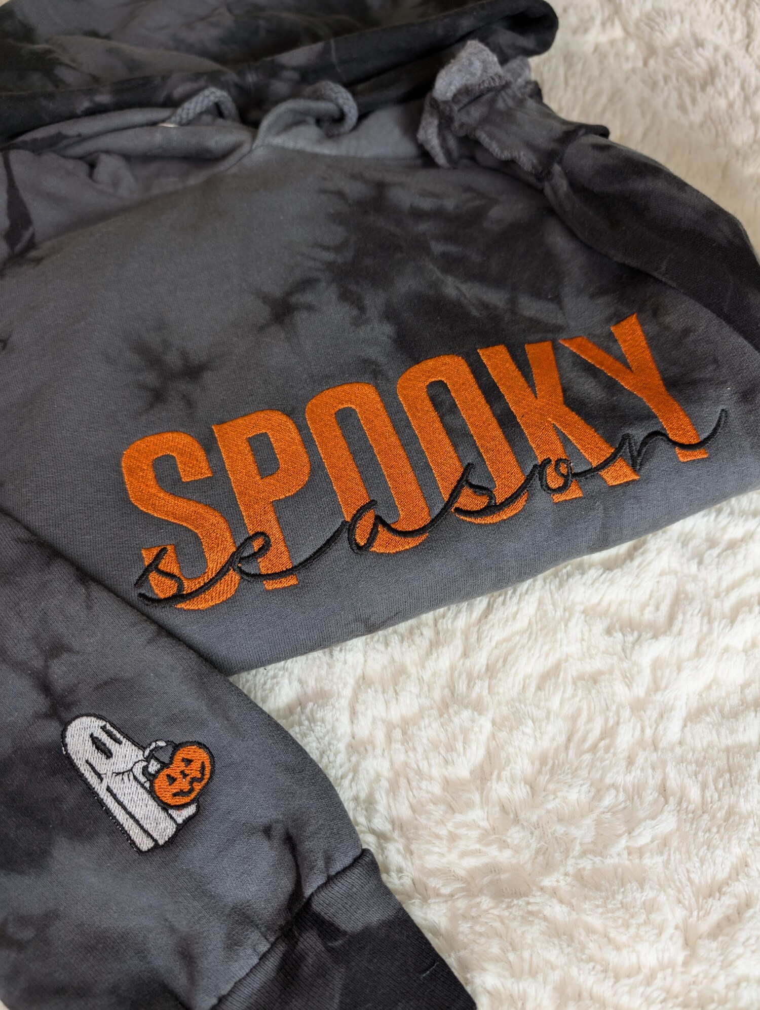 Spooky Season Tie-Dye Embroidered Hoodie w/ Embroidered Ghost Sleeve, Halloween Apparel image 1