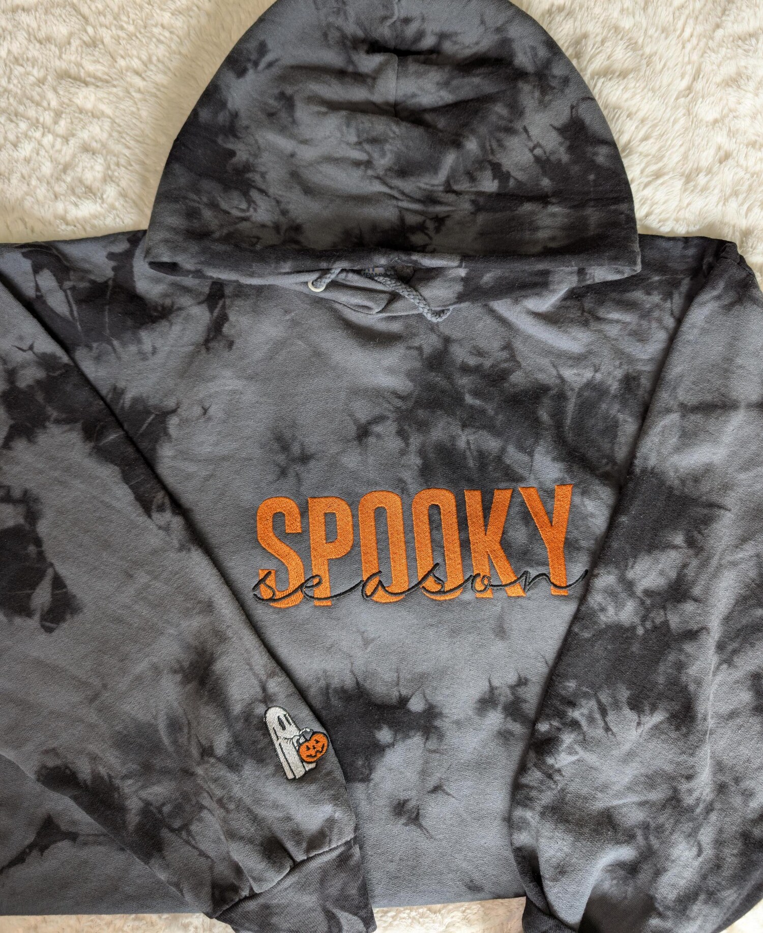 Spooky Season Tie-Dye Embroidered Hoodie w/ Embroidered Ghost Sleeve, Halloween Apparel image 3