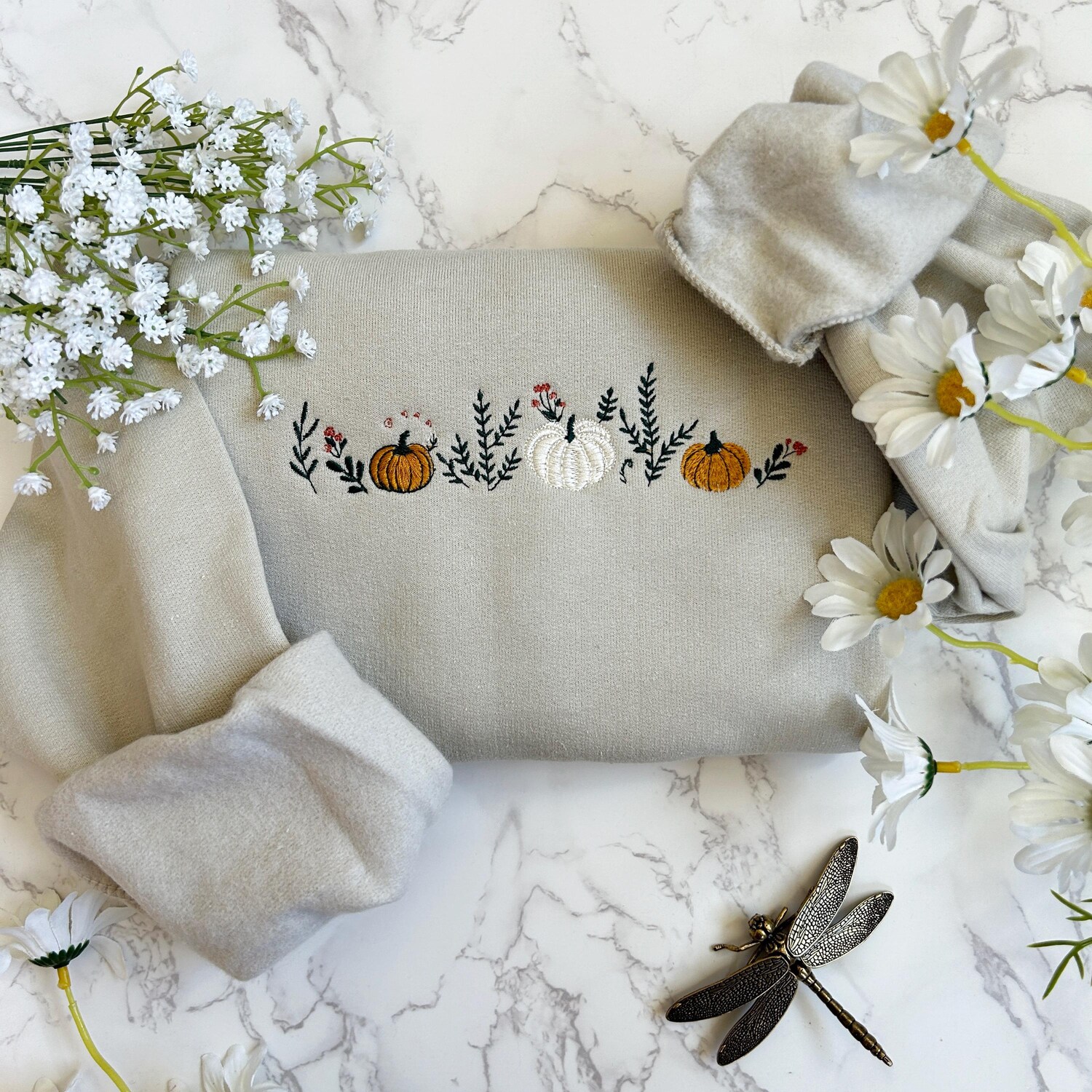 Cozy Autumn Embroidered Sweatshirt Pumpkin & Mushroom Fall Sweater Thanksgiving Apparel image 2