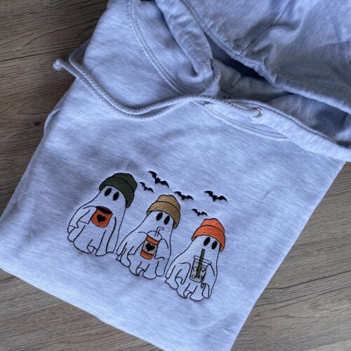 Halloween Ghost Drinking Coffee Sweatshirt Embroidered Hoodie Autumn Halloween Crewneck Jumper image 0