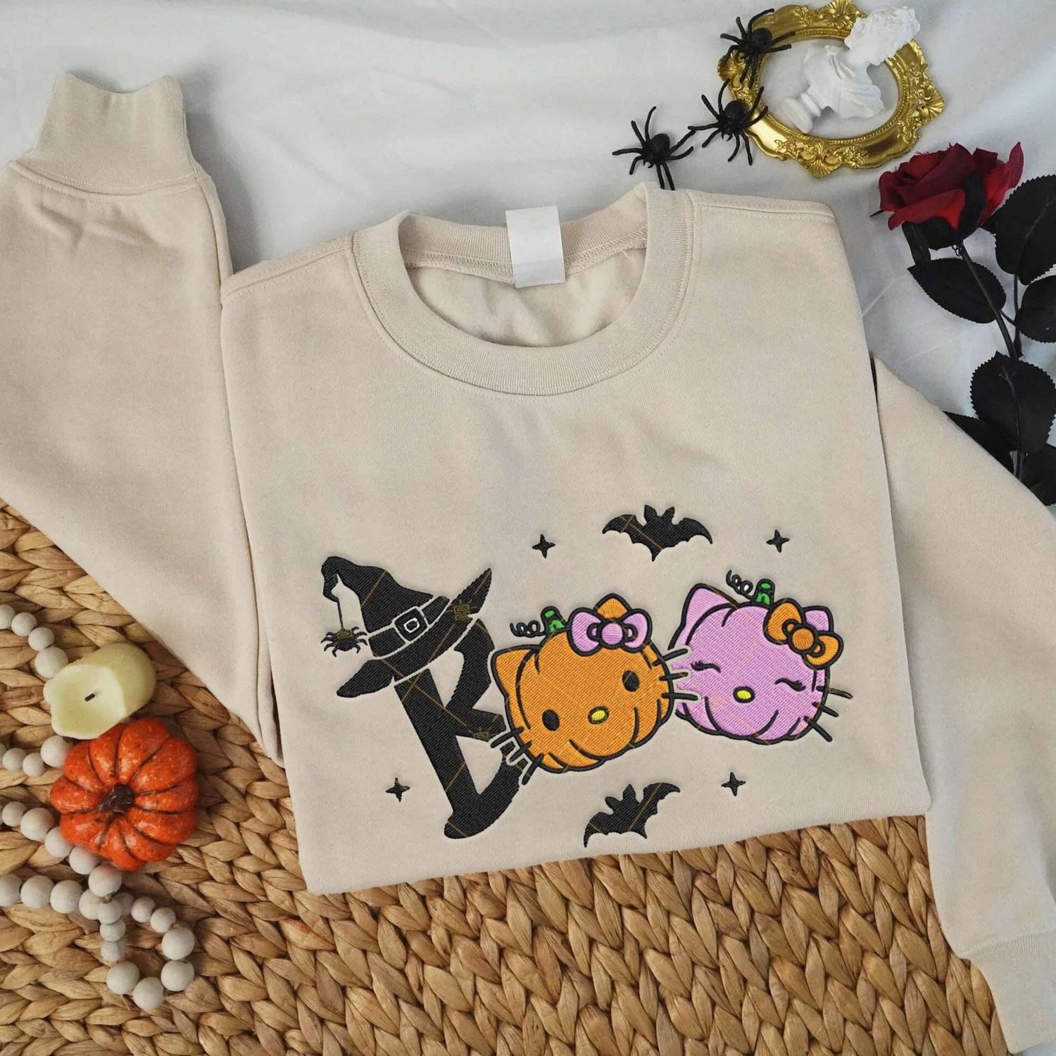 Boo Couple Cat Halloween Sweatshirt Hello Kitty Pumpkin Hoodie Cute Animation Kitty Shirt image 2