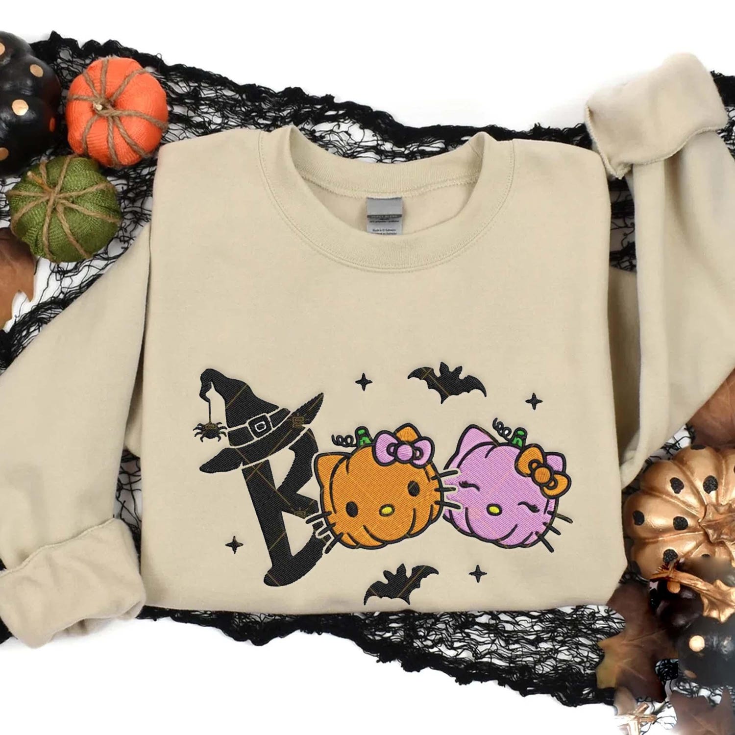 Boo Couple Cat Halloween Sweatshirt Hello Kitty Pumpkin Hoodie Cute Animation Kitty Shirt image 3