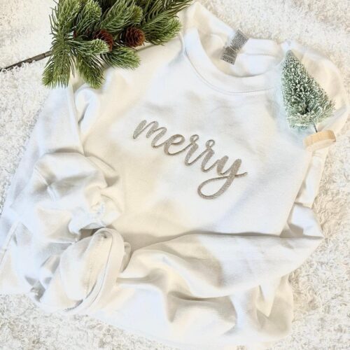 Merry Embroidered Crewneck Sweatshirt Simple Cute Christmas Holiday Sweater image 0