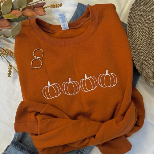 Minimalist Pumpkin Embroidered Sweatshirt Fall Crewneck Thanksgiving Pullover Sweater image 0