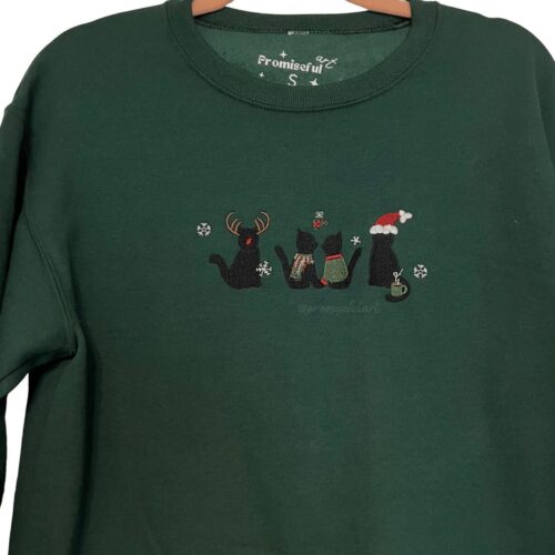 Christmas Cat Embroidered Sweatshirt Black Cat Winter Crewneck Cat Themed Xmas Gifts image 0