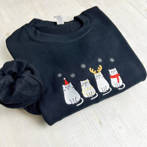 Christmas Cat Embroidery Sweatshirt Meowy Christmas Sweater Gift for Cat Lovers image 0