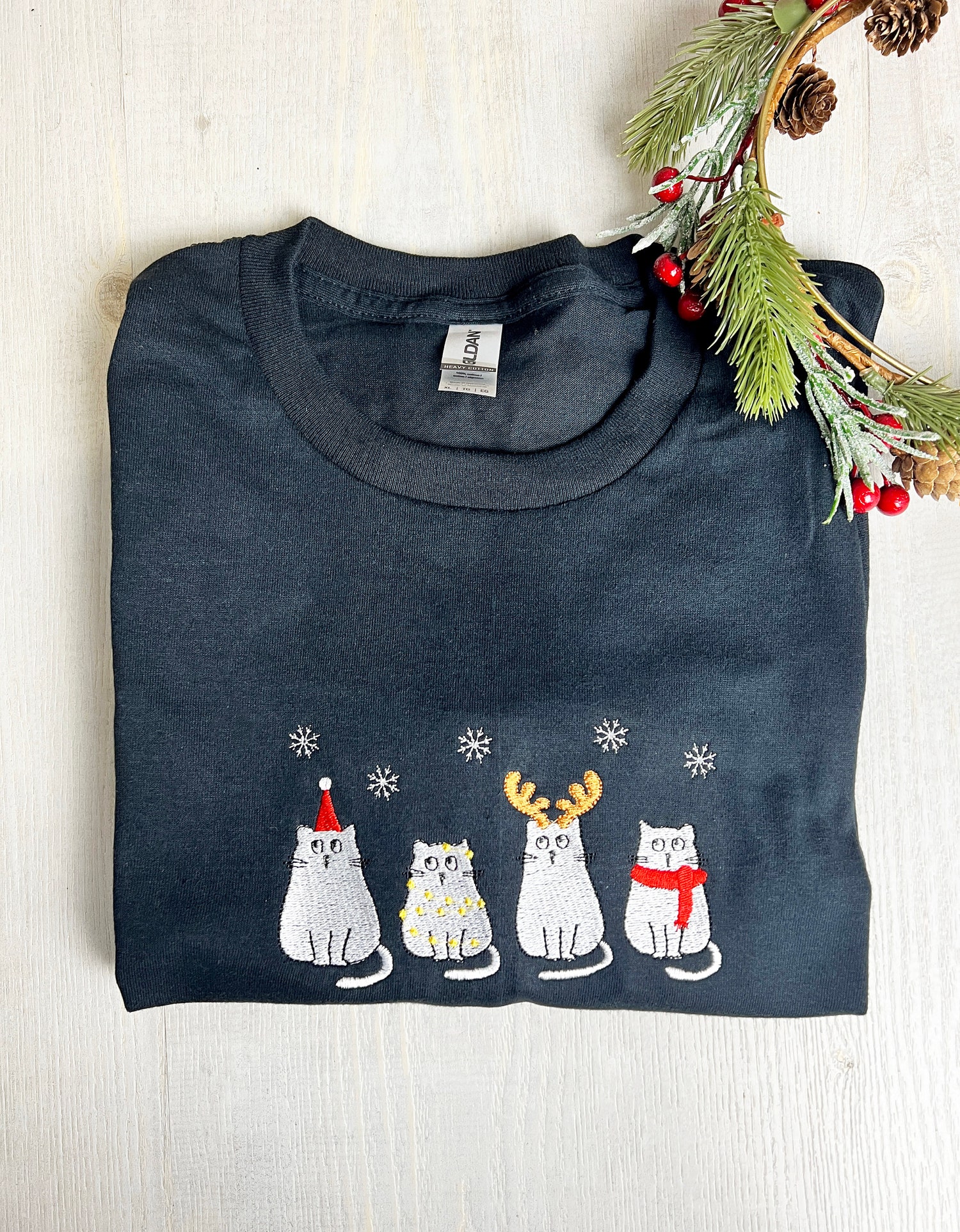 Christmas Cat Embroidery Sweatshirt Meowy Christmas Sweater Gift for Cat Lovers image 3