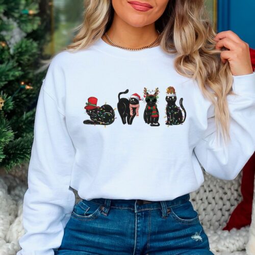 Black Cat Christmas Sweatshirt for Cat Lovers Cute Holiday Sweater Cat Mom Gift Idea image 0