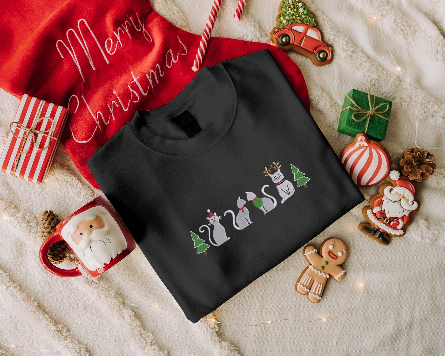 Black Cat Christmas Sweatshirt Unisex Embroidered Tree Santa Hat Sweater Comfort Colors Reindeer Crewneck Holiday Gift image 4