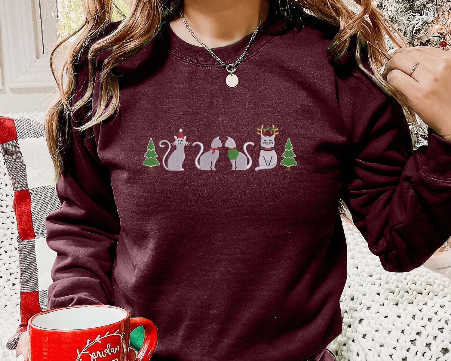 Black Cat Christmas Sweatshirt Unisex Embroidered Tree Santa Hat Sweater Comfort Colors Reindeer Crewneck Holiday Gift image 3