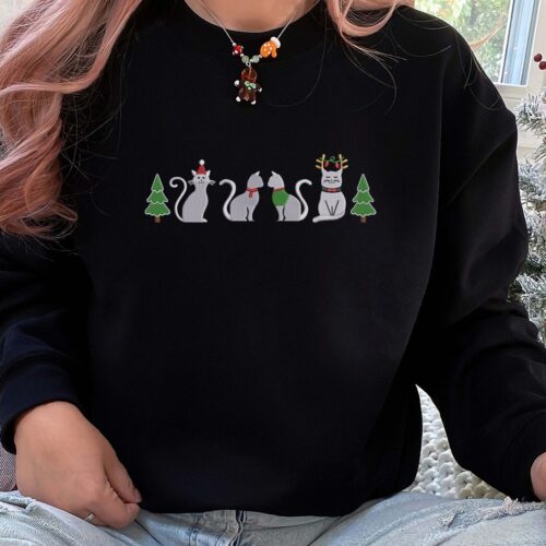 Black Cat Christmas Sweatshirt Unisex Embroidered Tree Santa Hat Sweater Comfort Colors Reindeer Crewneck Holiday Gift image 0