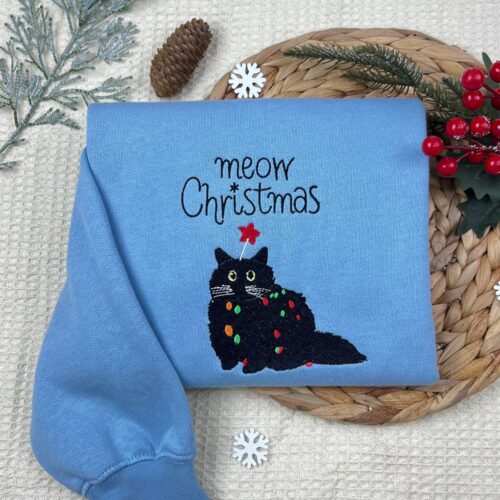 Meow Christmas Sweatshirt Hoodie Black Cat Embroidery Cat Lover Xmas Gift Holiday Shirt image 0