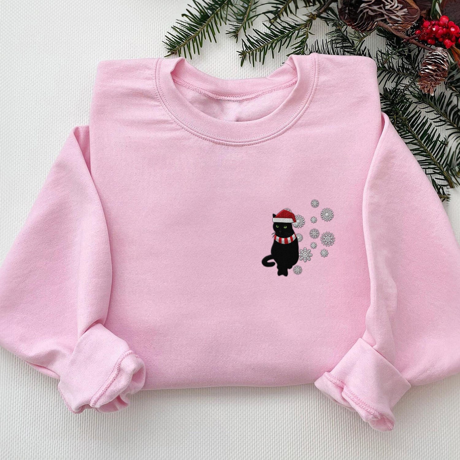 Christmas Black Cat Embroidered Sweatshirt Cat Lover Gift Holiday Shirt for Cat Moms image 6