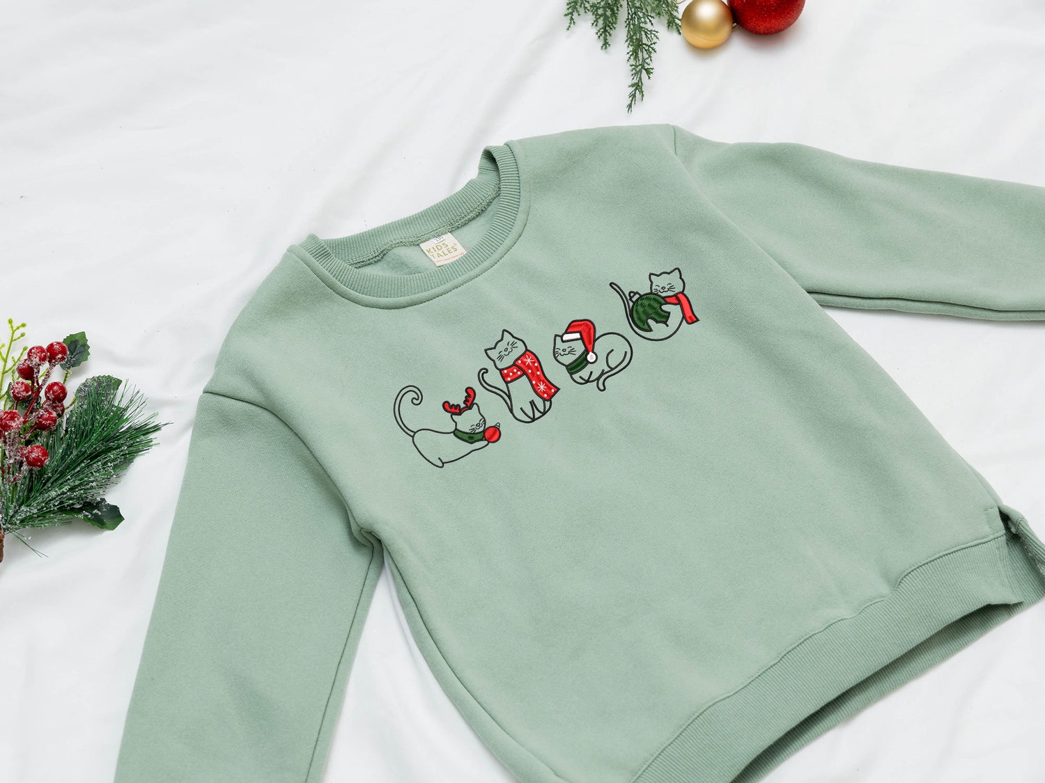 Christmas Cat Embroidered Baby Sweatshirt Kids Holiday Gift Cute Cat Design image 1