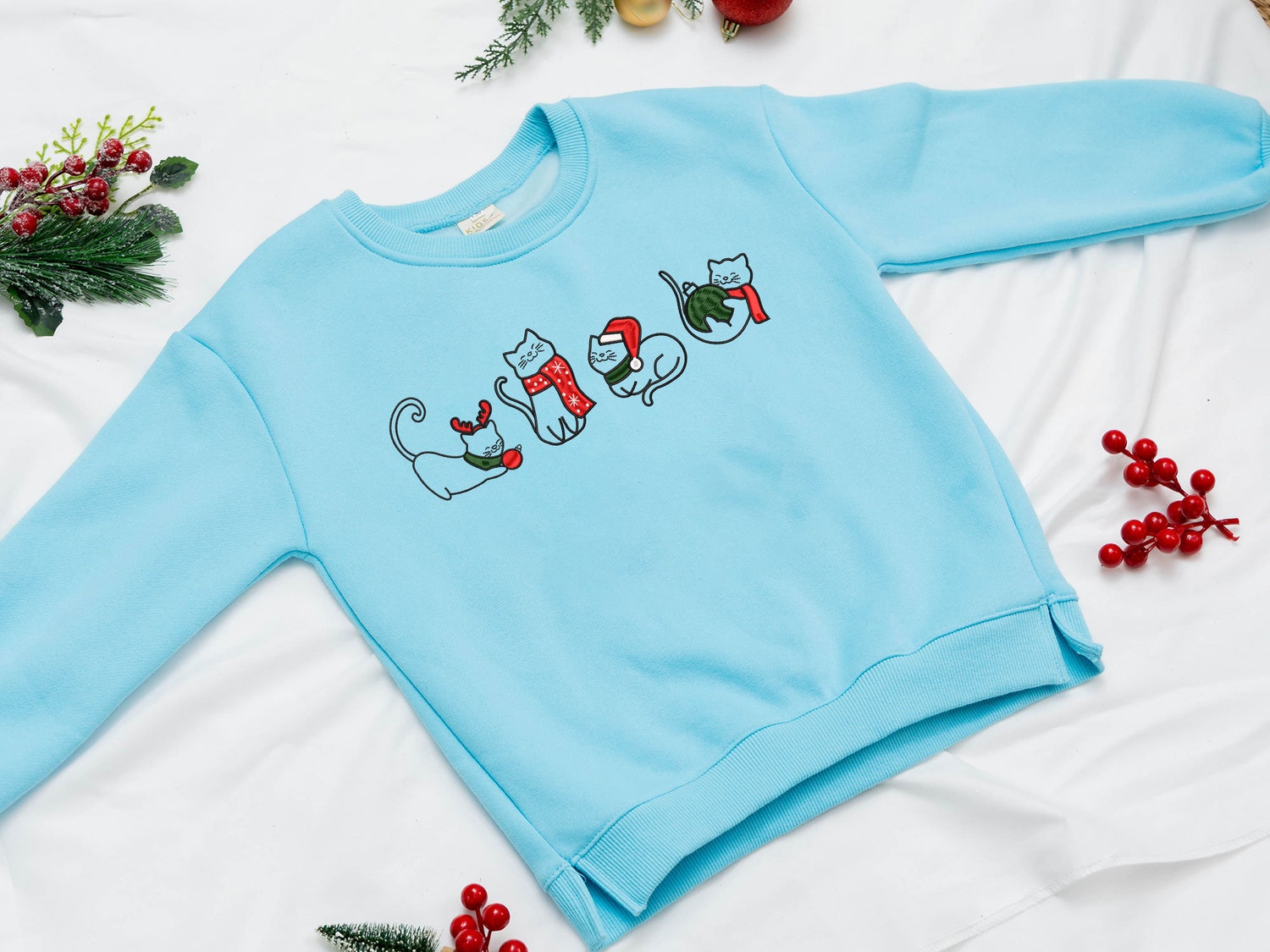 Christmas Cat Embroidered Baby Sweatshirt Kids Holiday Gift Cute Cat Design image 2