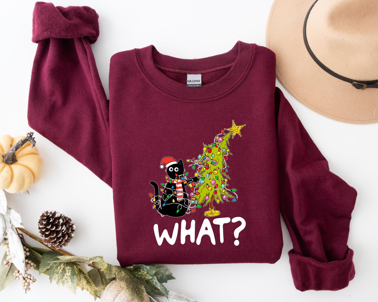 Christmas Black Cat Sweatshirt Cat Lover Gift Cute Cat Christmas Tree Tee Holiday Shirt image 3