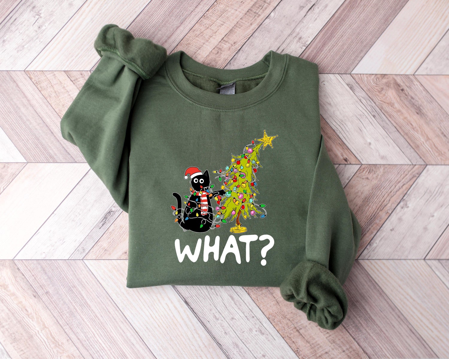 Christmas Black Cat Sweatshirt Cat Lover Gift Cute Cat Christmas Tree Tee Holiday Shirt image 2