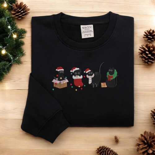 Christmas Cat Embroidered Sweatshirt Funny Cat Lover Xmas Sweater Gift image 0