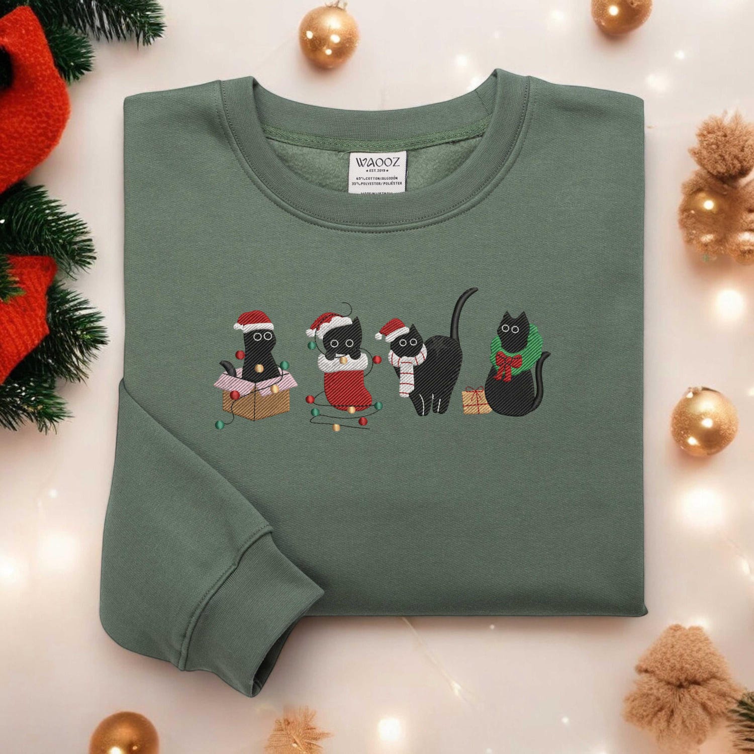 Christmas Cat Embroidered Sweatshirt Funny Cat Lover Xmas Sweater Gift image 1