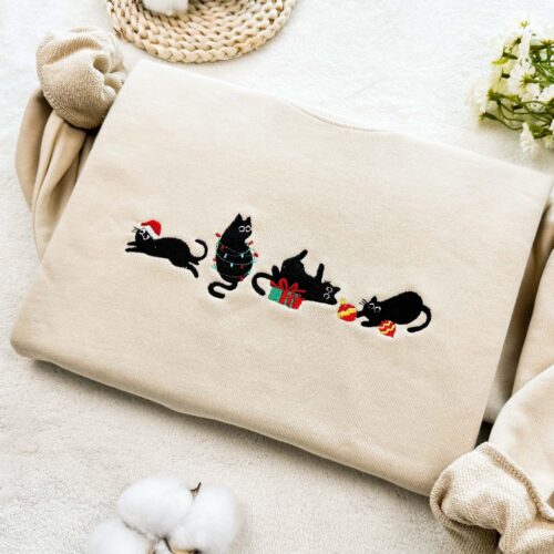 Christmas Cat Embroidered Sweatshirt Funny Holiday Hoodie Cat Lover Crewneck Pullover image 0