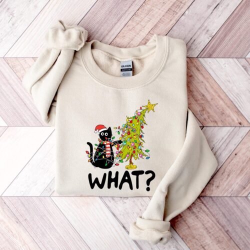 Christmas Black Cat Sweatshirt Cat Lover Gift Cute Cat Christmas Tree Tee Holiday Shirt image 0