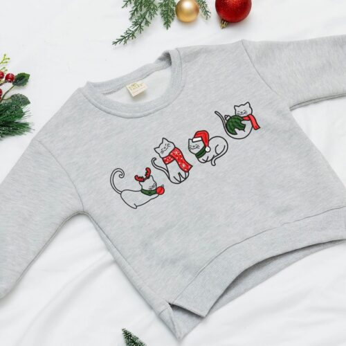 Christmas Cat Embroidered Baby Sweatshirt Kids Holiday Gift Cute Cat Design image 0