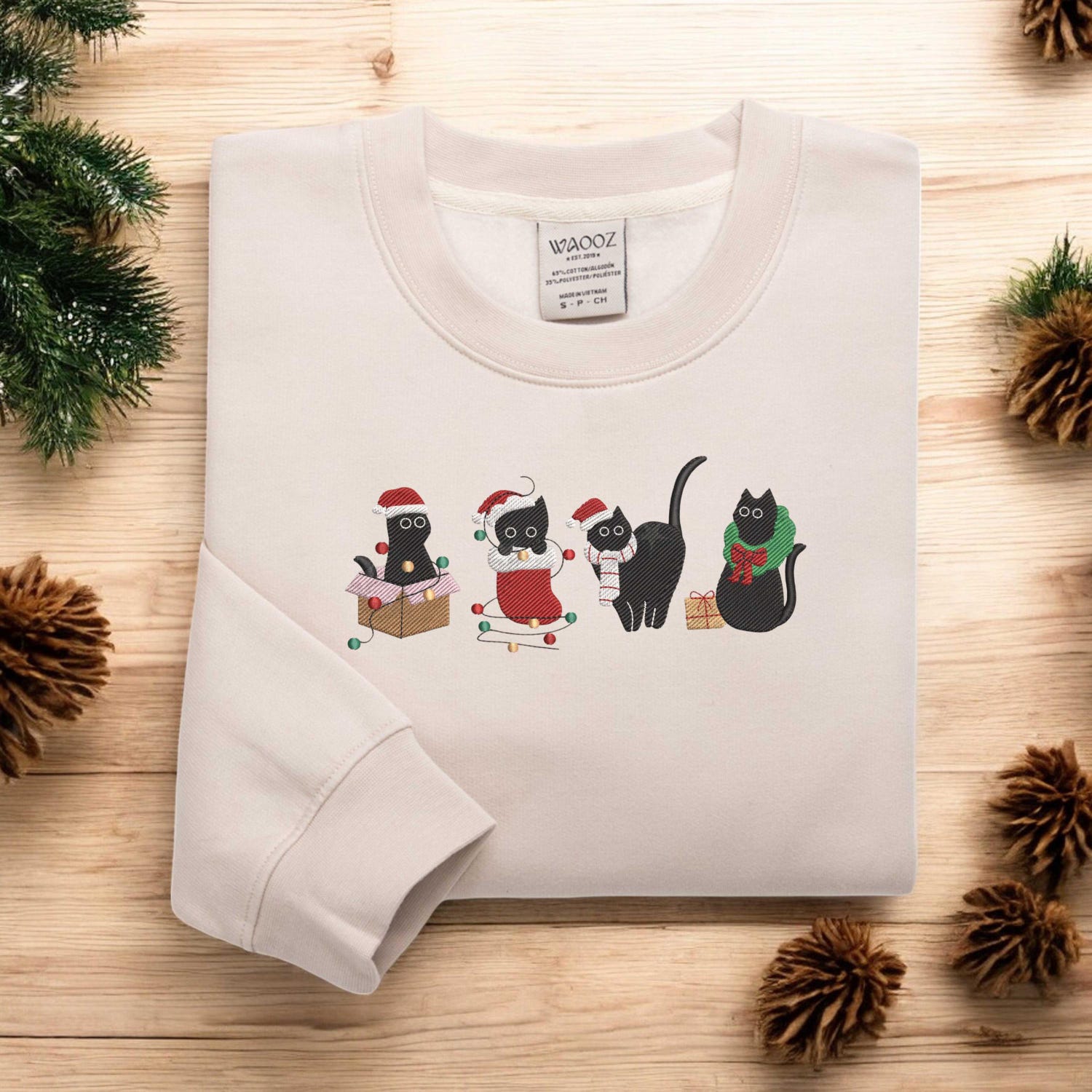 Christmas Cat Embroidered Sweatshirt Funny Cat Lover Xmas Sweater Gift image 2