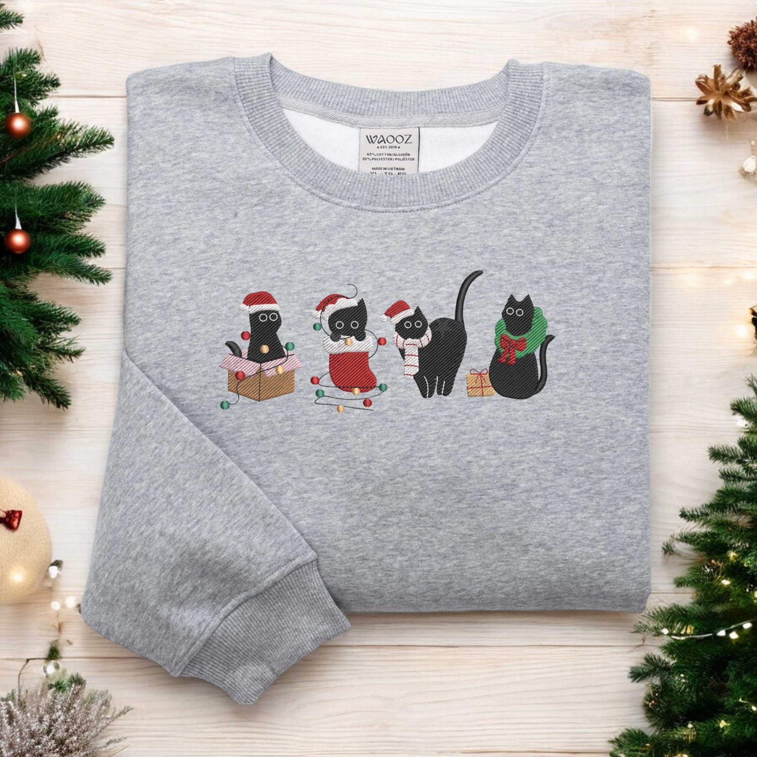 Christmas Cat Embroidered Sweatshirt Funny Cat Lover Xmas Sweater Gift image 3