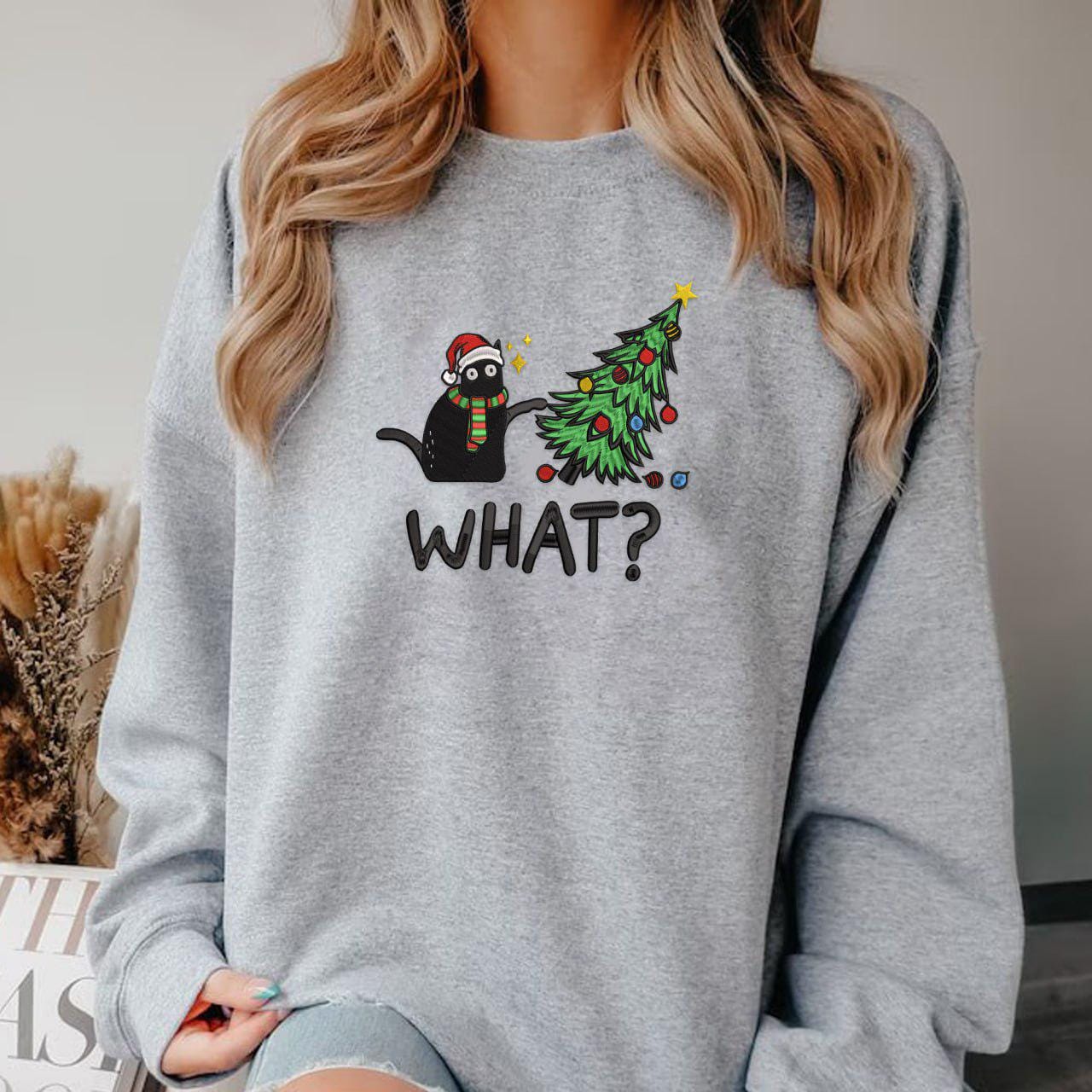 Christmas Black Cat Embroidered Sweatshirt Funny Cat Lover Crew Neck Holiday Gift image 6