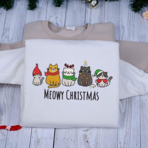 Meowy Christmas Cat Sweatshirt Funny Embroidered Cat Shirt Holiday Cat Sweater Cat Lover Gift image 0