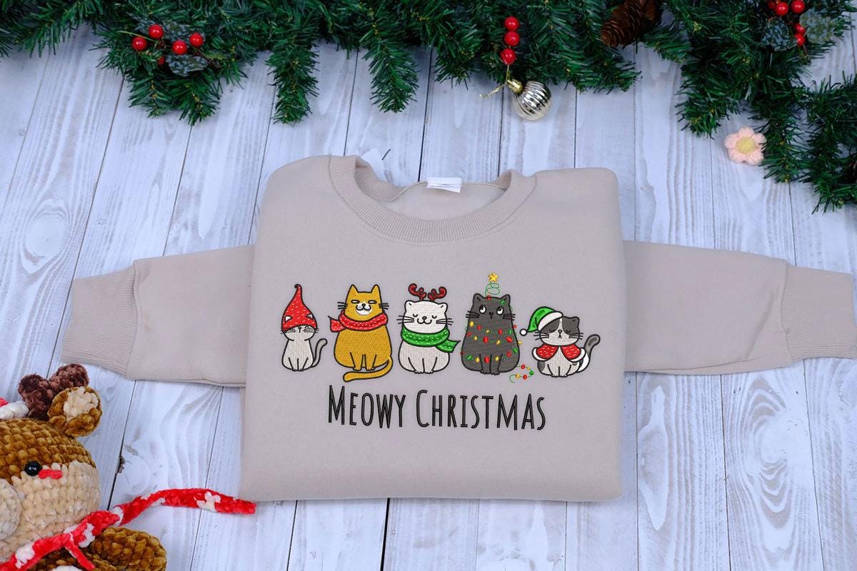 Meowy Christmas Cat Sweatshirt Funny Embroidered Cat Shirt Holiday Cat Sweater Cat Lover Gift image 1