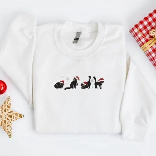 Christmas Cat Lover Embroidered Sweatshirt Hoodie Funny Black Cat Xmas Crew Neck Holiday Gifts image 0