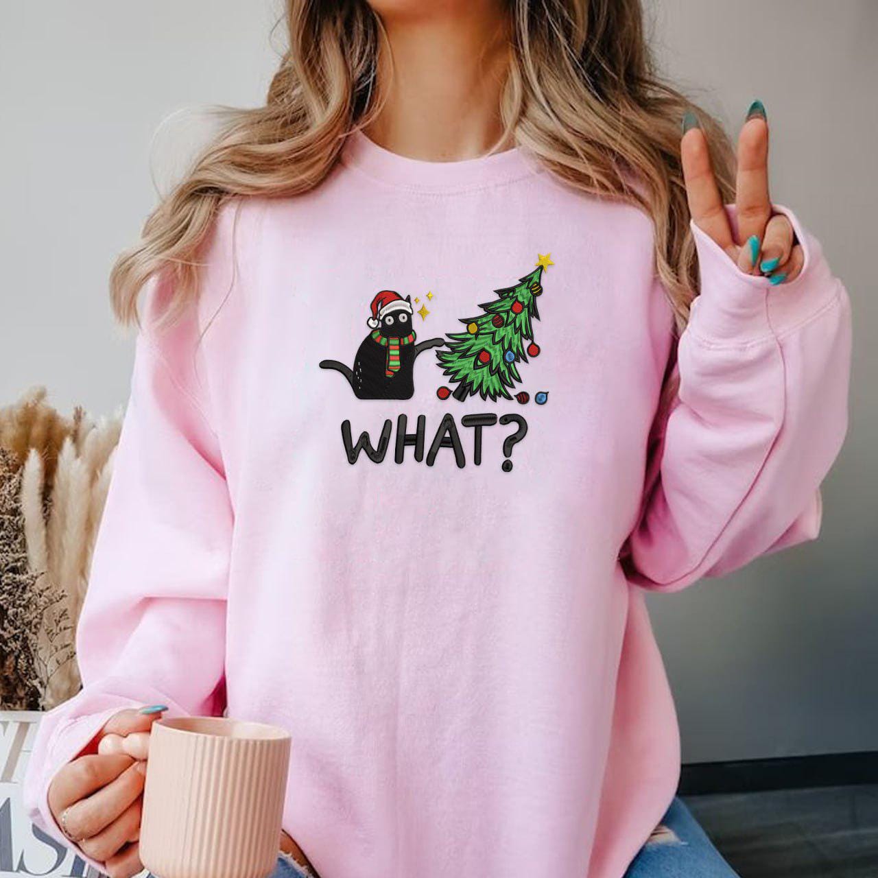 Christmas Black Cat Embroidered Sweatshirt Funny Cat Lover Crew Neck Holiday Gift image 5